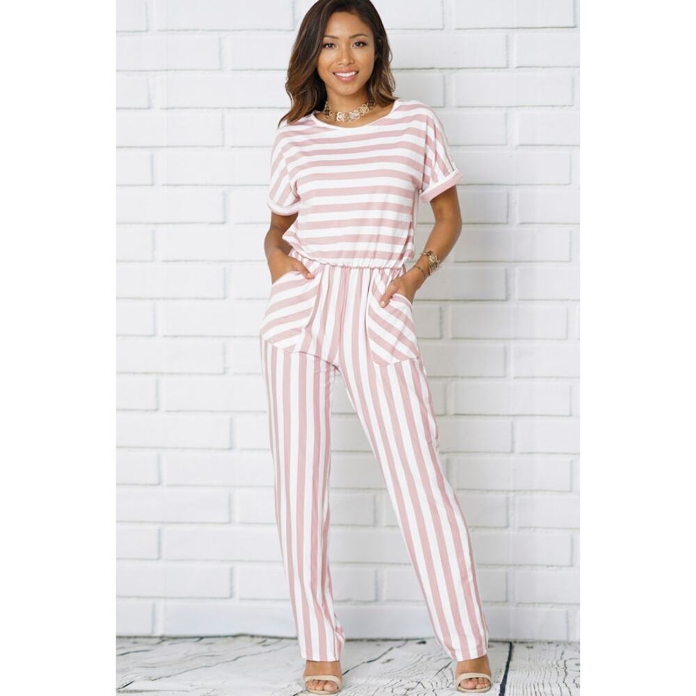 Striped short sleeve jumpsuit-(Large)